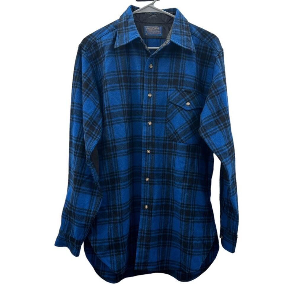 Vintage Pendleton Virgin Wool Blue & Black Plaid Button Down Shirt Elbow Patch M